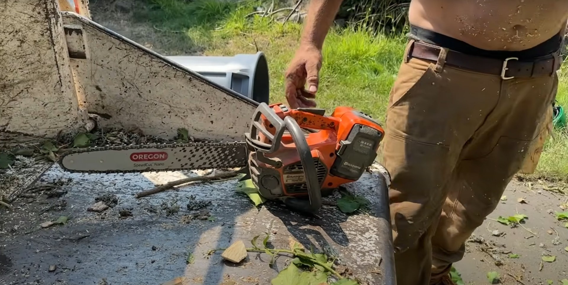 Professional equipment maintenance and preparation Professional chainsaw maintenance and equipment preparation for tree service work